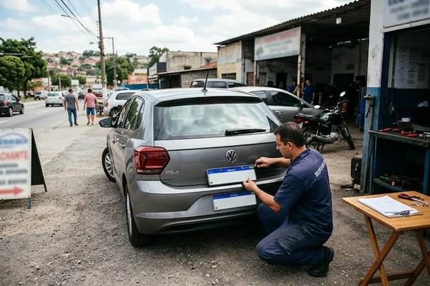Carro sendo emplacado com placas novas.