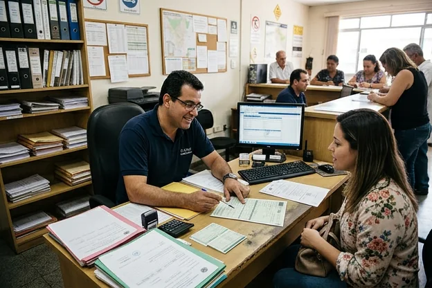 Despachante ajudando um cliente com documentação.