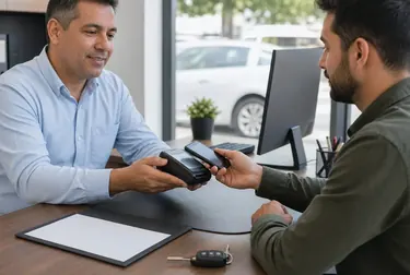 Profissionais realizando pagamento de débitos com documentos na mesa.