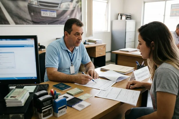 Profissional orientando cliente na renovação da CNH.
